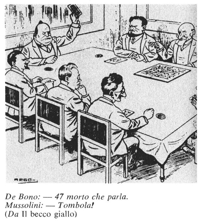 Il Becco Giallo cartoon 'Tombola!' on the Matteotti murder, Rome, 1925