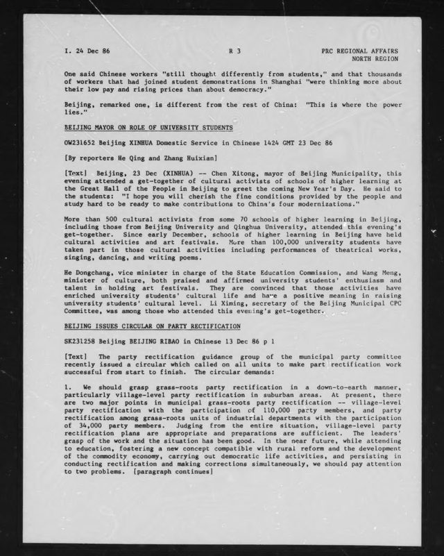 FBIS Daily Report: 'Beijing Mayor on Role of University Students' (Xinhua Domestic Service, 23 Dec 1986)