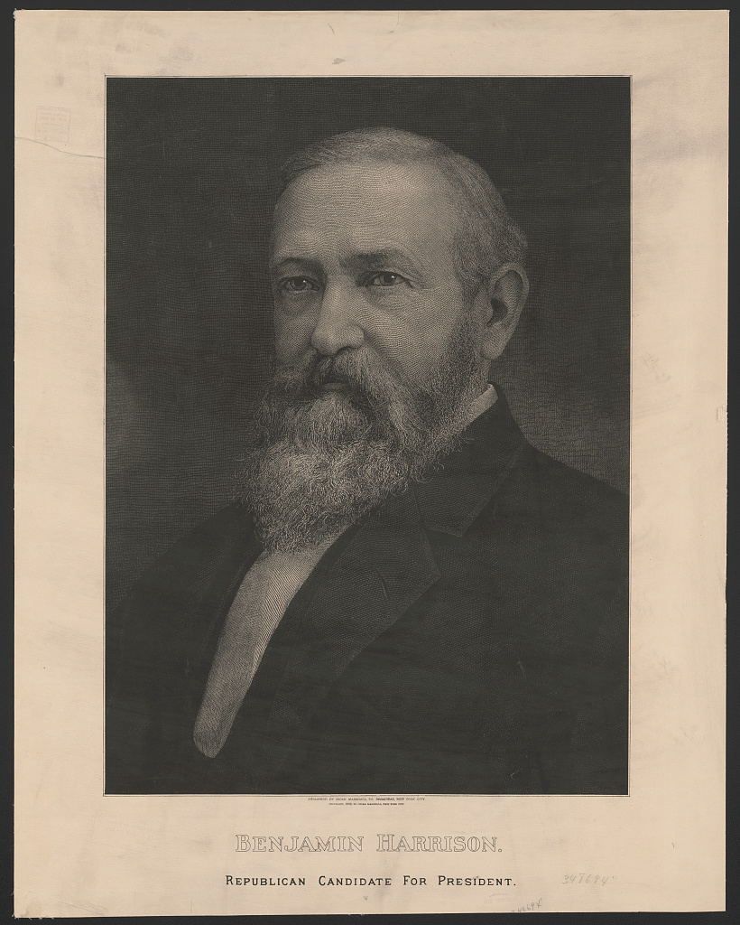 Engraved bust portrait of Benjamin Harrison labelled Republican Candidate for President