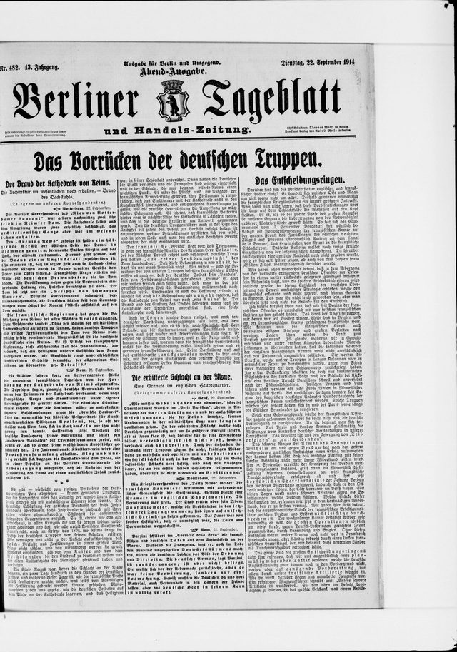 Berliner Tageblatt, evening edition, 22 September 1914: "Der Brand der Kathedrale von Reims"