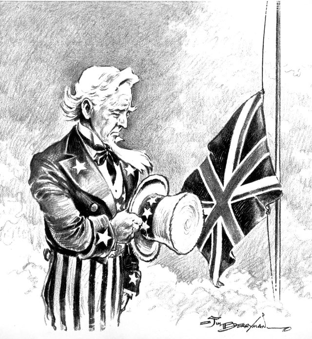 Untitled (Uncle Sam with hat before the Union Jack at half-staff)