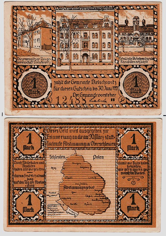 Bielschowitz 1-Mark plebiscite note: "Mörderbuben und Banditen" (Upper Silesia, 1921)