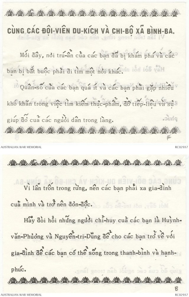 Cùng các đội-viên du-kích và chi-bộ xã Bình-Ba (To the Binh Ba Guerrillas and Party Chapter), leaflet