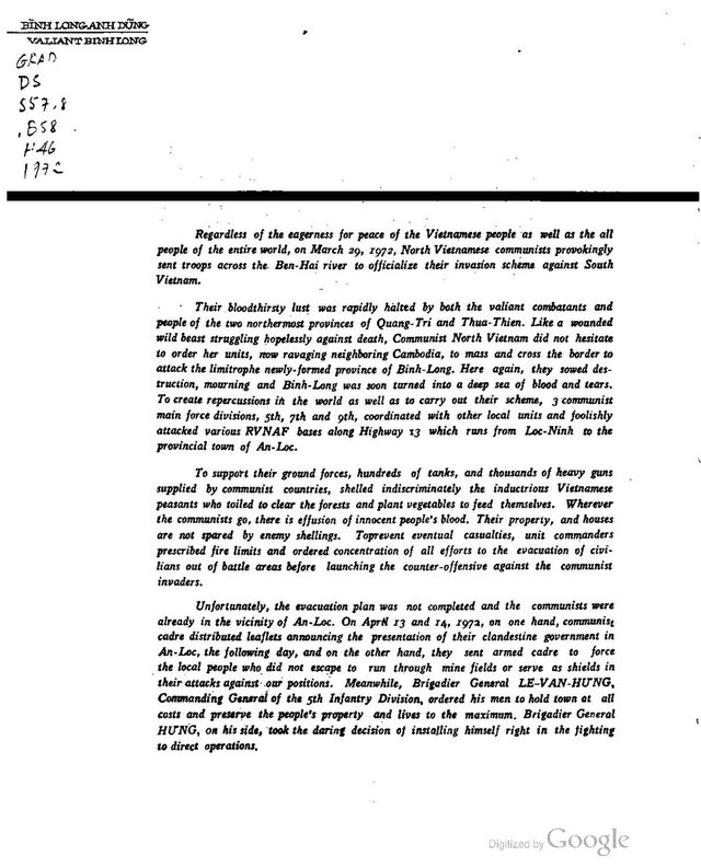 Valiant Binh Long (booklet text page: the March 1972 crossing and the road to An Lộc)