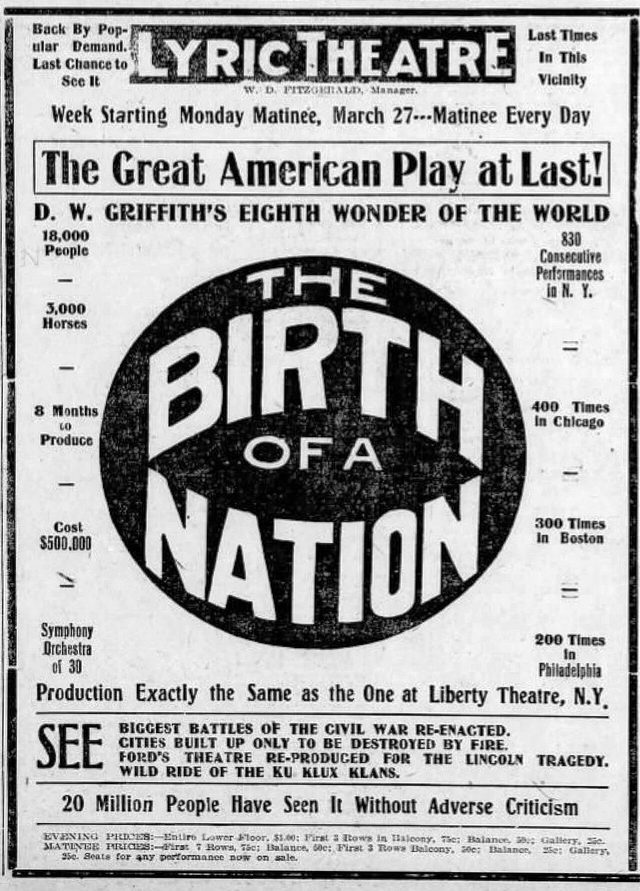 'The Great American Play at Last!' The Birth of a Nation, Lyric Theatre advertisement (Allentown, 1916)