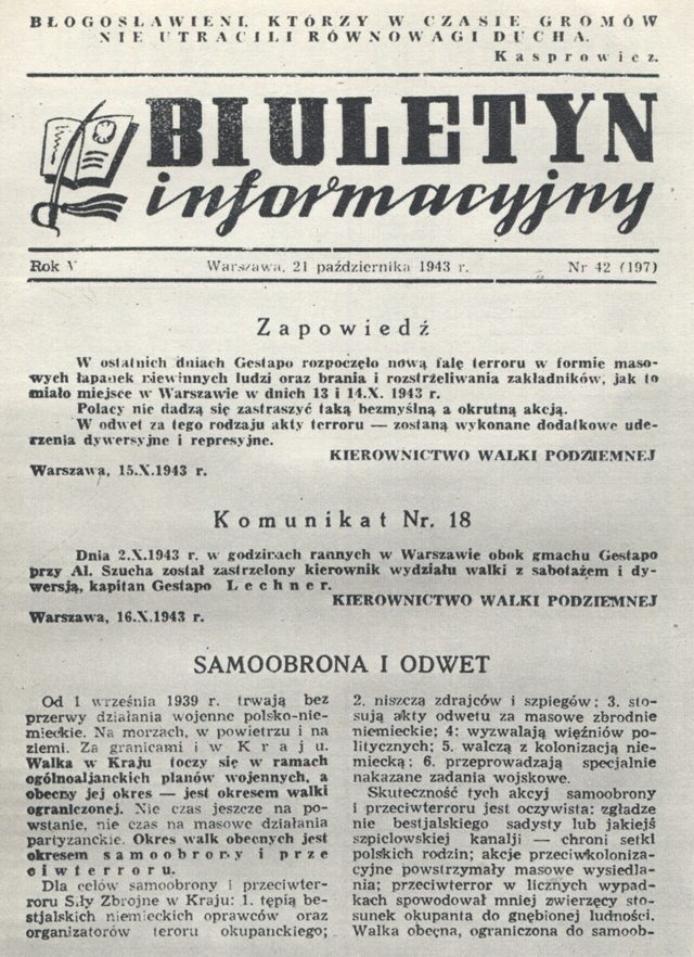 Biuletyn Informacyjny No. 42 (197), 21 October 1943: 'Zapowiedź' and 'Samoobrona i odwet'
