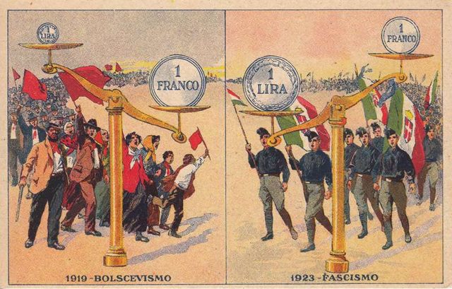 1919 Bolscevismo / 1923 Fascismo: the lira-and-franco scales (Fascist election postcard, 1924)