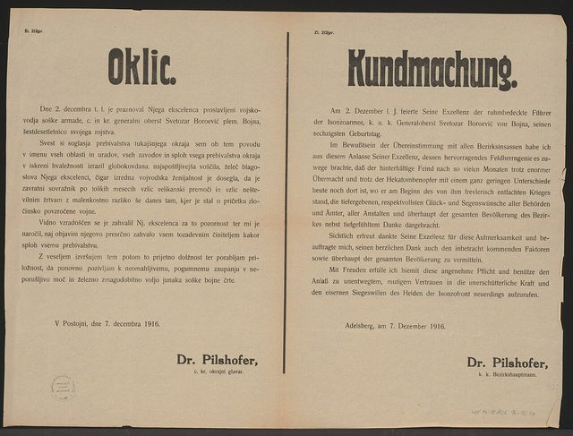 Oklic / Kundmachung (Proclamation): Colonel-General Boroević's 60th birthday, Postojna (Adelsberg)