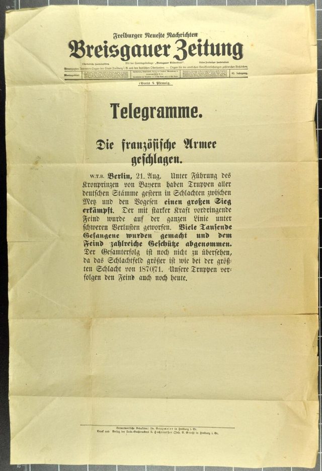 Breisgauer Zeitung, Telegramme: "Die französische Armee geschlagen" (The French army beaten), August 1914