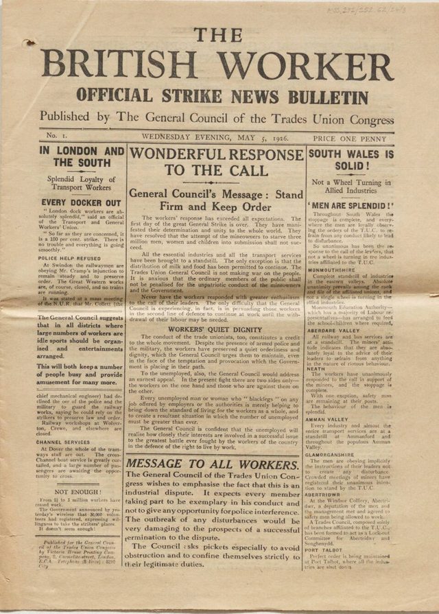 The British Worker, No. 1, front page (London, 5 May 1926): TUC official strike news bulletin