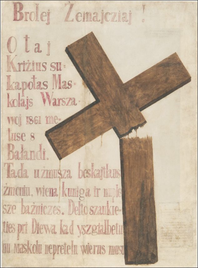 Brolej Žemajčiaj! (Brothers Samogitians!): hand-painted broken-cross poster