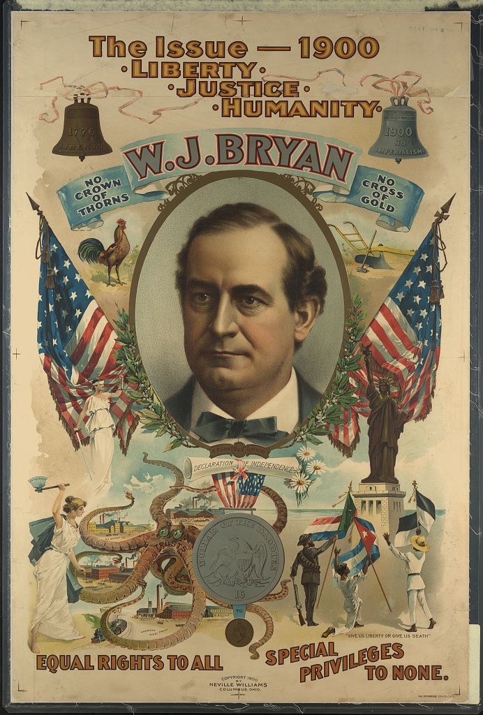 Poster of Bryan between a 1776 Liberty bell and a 1900 No Imperialism bell, with an octopus labelled Trusts at lower left