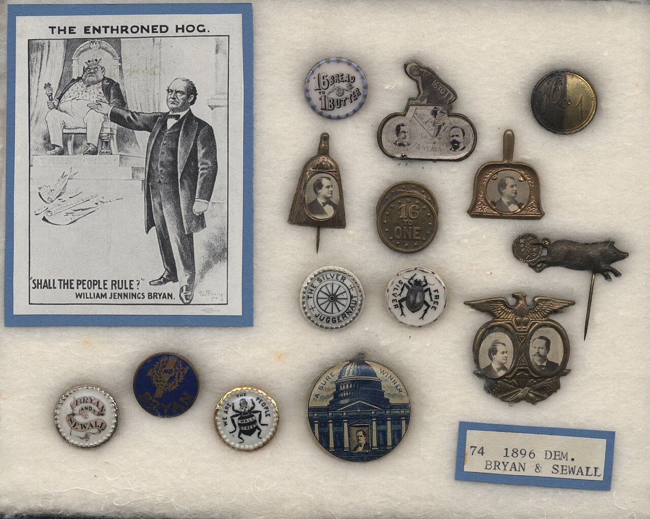 Bryan-Sewall campaign buttons, badges and card, ca. 1896