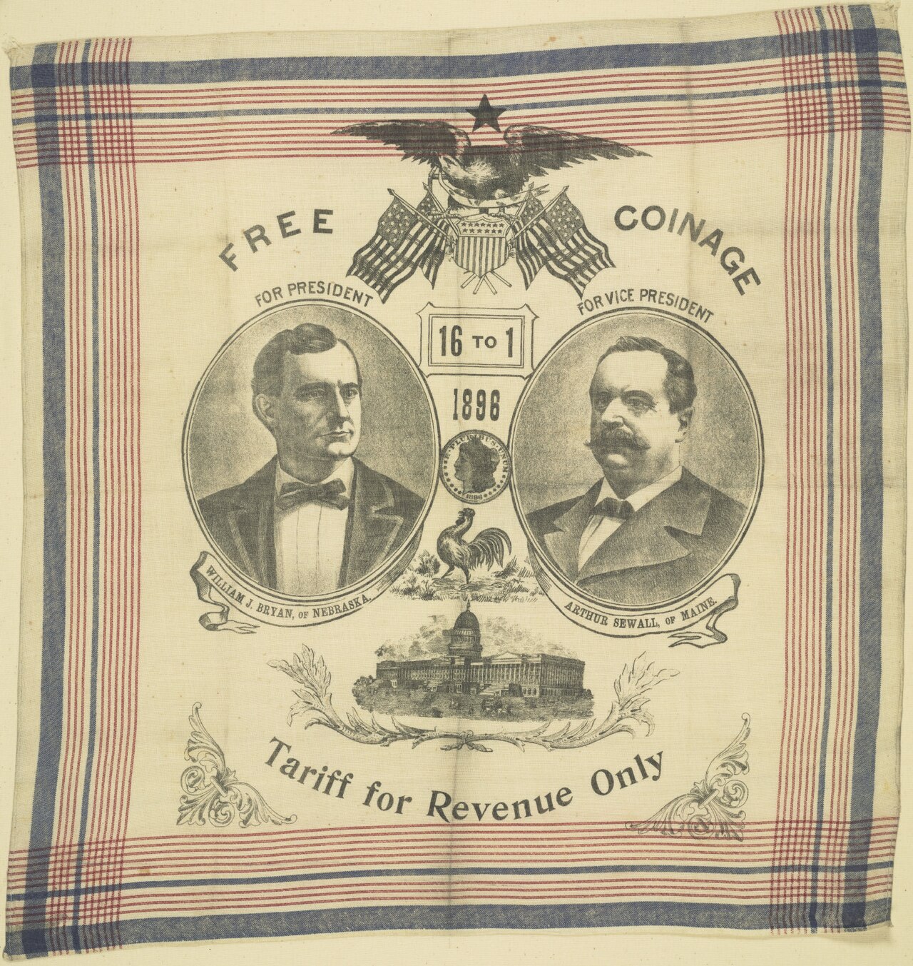 Bryan-Sewall Free Coinage portrait handkerchief, 1896