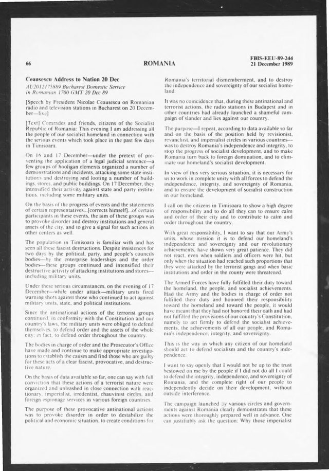 Bucharest Domestic Service: Ceausescu's address on the Timisoara events, FBIS Daily Report, 21 December 1989