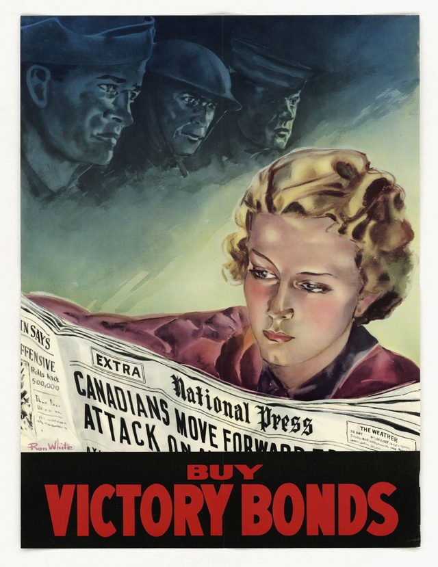 Buy Victory Bonds (woman reading 'Canadians Move Forward' newspaper, artist Ron White)