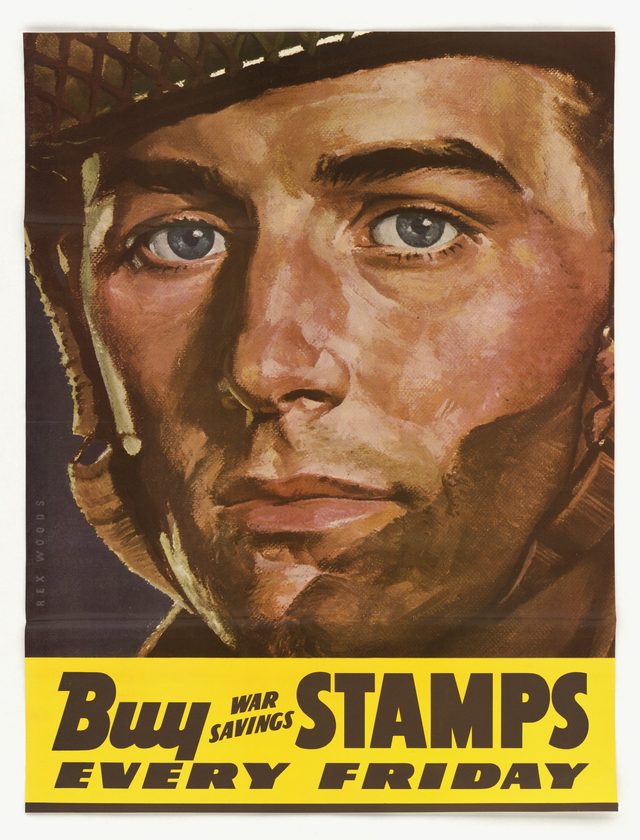 Buy War Savings Stamps Every Friday (soldier portrait, artist Rex Woods)