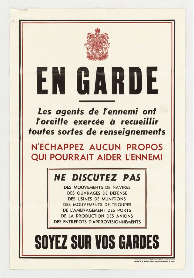 En Garde. Les agents de l'ennemi ont l'oreille exercée à recueillir toutes sortes de renseignements [On Guard. The enemy's agents have an ear trained to gather all kinds of information]