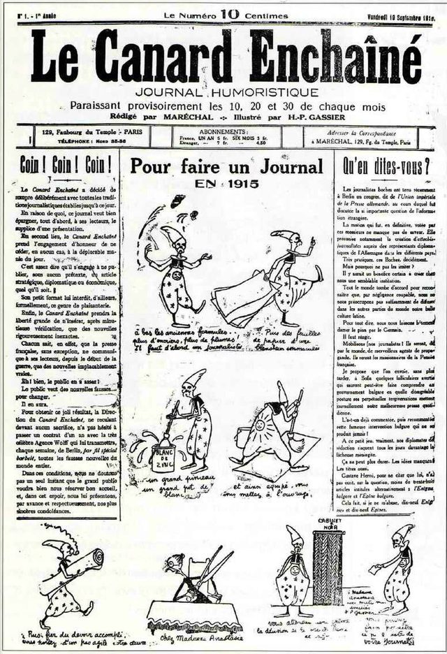 Le Canard enchaîné, no. 1, front page (Paris, 10 September 1915): "Pour faire un Journal en 1915"