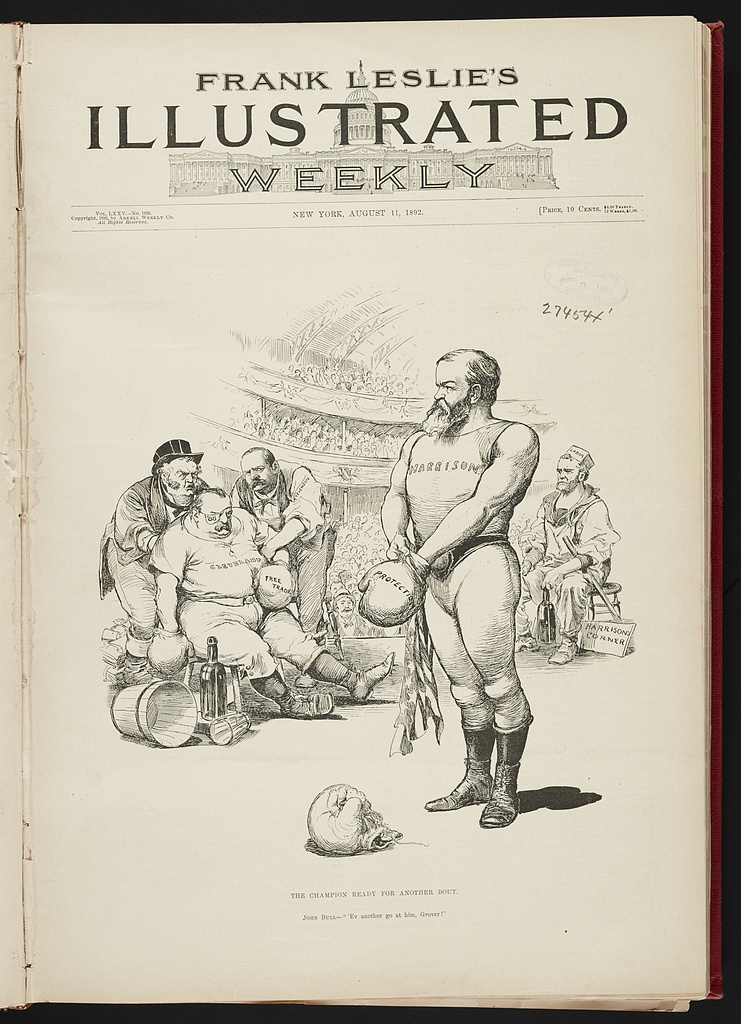 Frank Leslie's Illustrated Newspaper cover of 11 August 1892 showing Harrison and Cleveland as boxers, Cleveland coached by Adlai Stevenson and John Bull