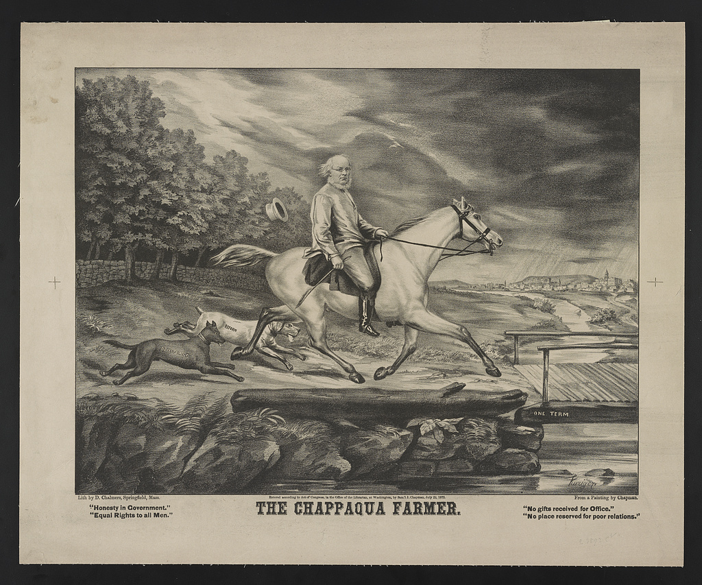 Greeley on a white horse with dogs labelled Reform and Democracy approaching a bridge marked One Term