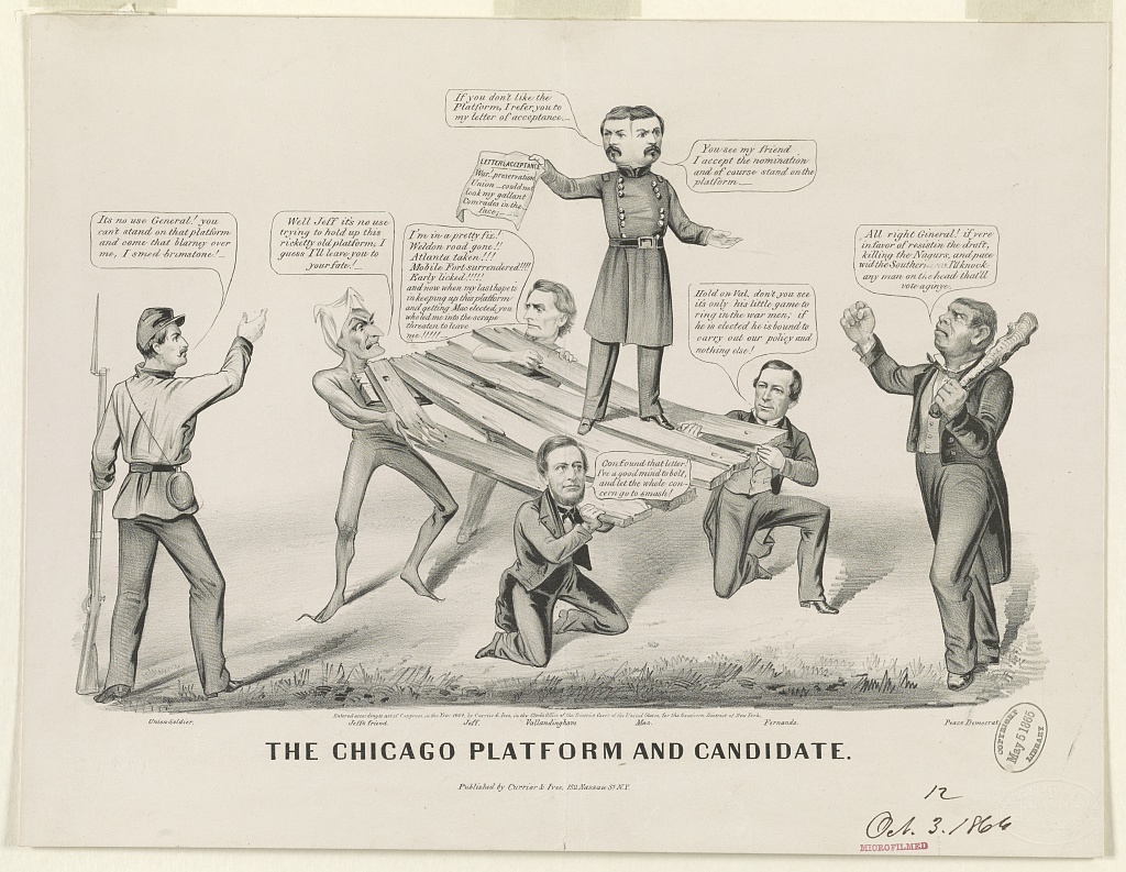 Currier & Ives lithograph of a two-faced McClellan on a rickety platform