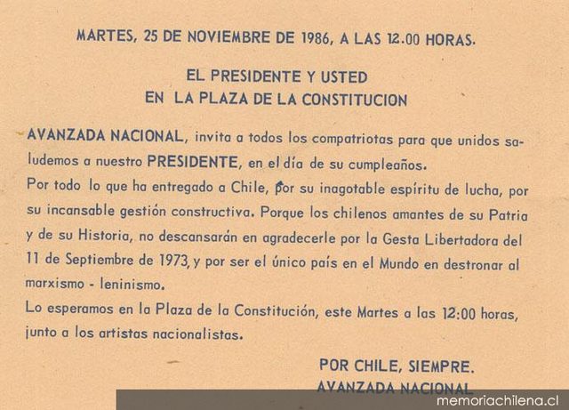 Avanzada Nacional leaflet inviting supporters to greet "the President" on his birthday (1986)