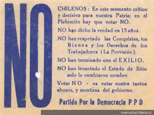Partido por la Democracia leaflet: a giant "NO" beside five grievances (1988 plebiscite)