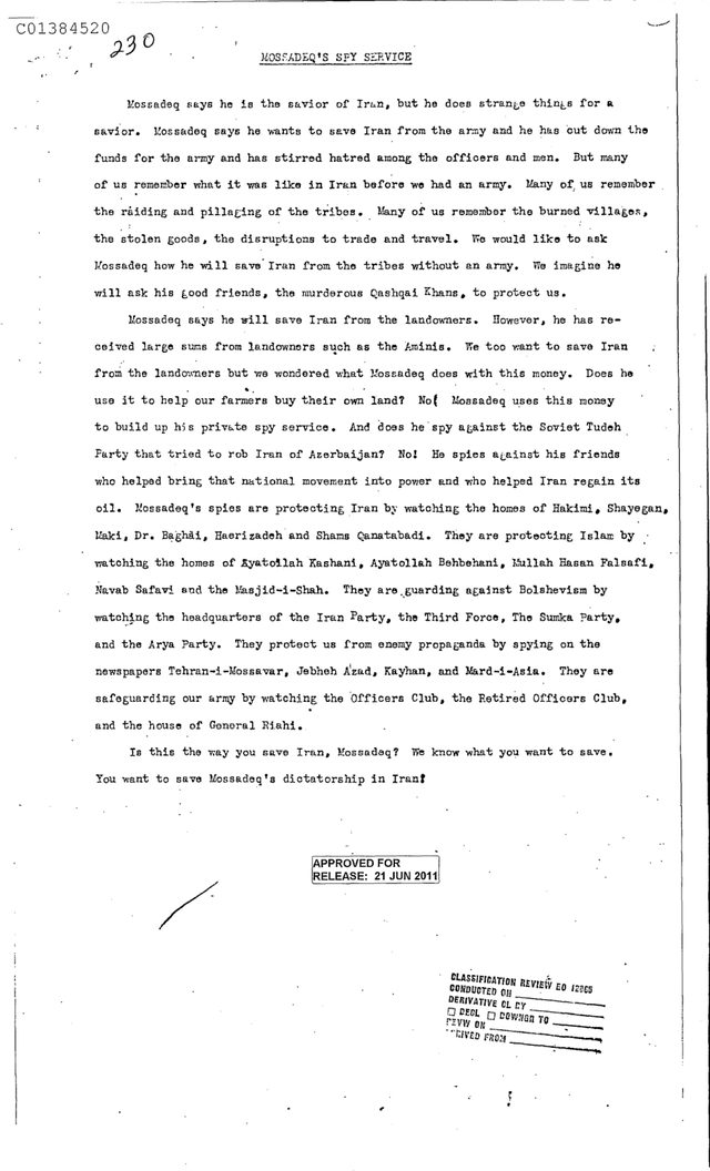 'Mossadeq's Spy Service' (CIA-prepared propaganda text, Iran, 1953)