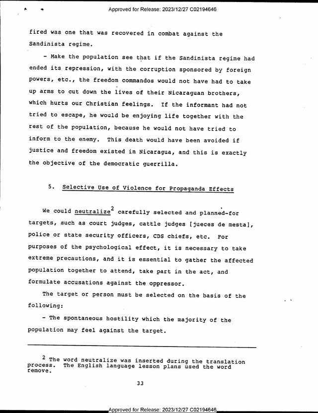 'Psychological Operations in Guerrilla Warfare' (CIA Contra training manual, Nicaragua, p. 33, 1980s)
