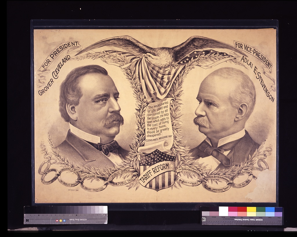 Lithograph poster with bust portraits of Grover Cleveland and Adlai E. Stevenson flanking an eagle and a shield reading Tariff Reform