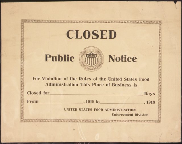 Closed: Public Notice for Violation of the Rules of the United States Food Administration