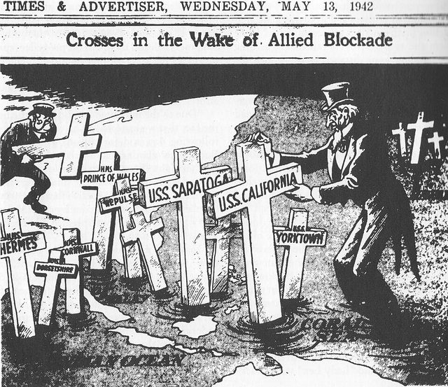 Crosses in the Wake of Allied Blockade, Japan Times & Advertiser cartoon