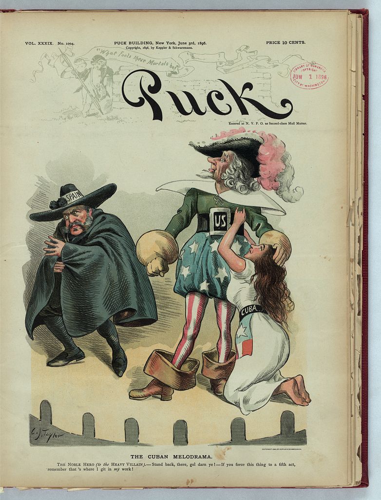 Puck cover of 1896: Uncle Sam as the Noble Hero of a stage melodrama tells a cloaked villain marked Spain to stand back from a kneeling woman marked Cuba
