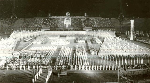 Mass spectacle with Ceaușescu portrait, "23 August" Stadium, Bucharest, 23 September 1978