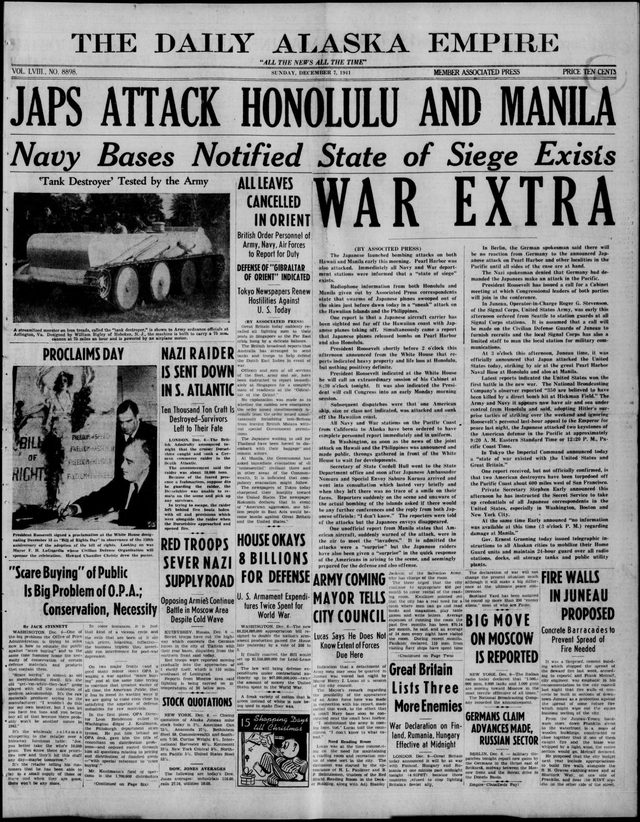 The Daily Alaska Empire, war extra, front page (Juneau, Alaska Territory, 7 December 1941): 'JAPS ATTACK HONOLULU AND MANILA'