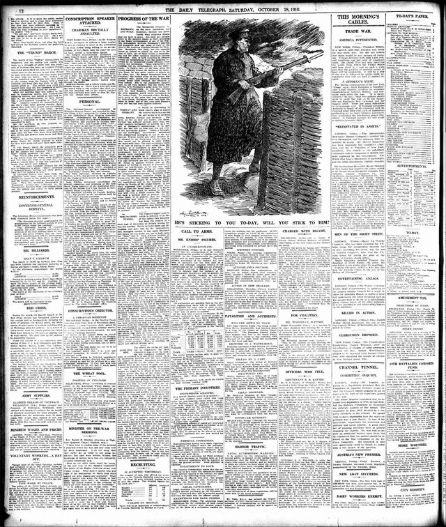 The Daily Telegraph (Sydney), page 12, referendum day, 28 October 1916: 'He's sticking to you to-day, will you stick to him?'