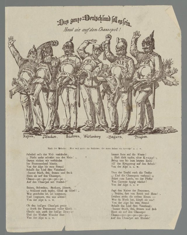 Das ganze Deutschland soll es sein. Haut sie auf den Chassepot! (German broadsheet song and caricature, Franco-Prussian War)