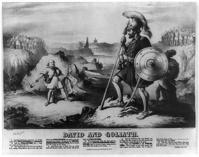 Lithograph of Greeley as David with a quill sling facing Grant as armed Goliath
