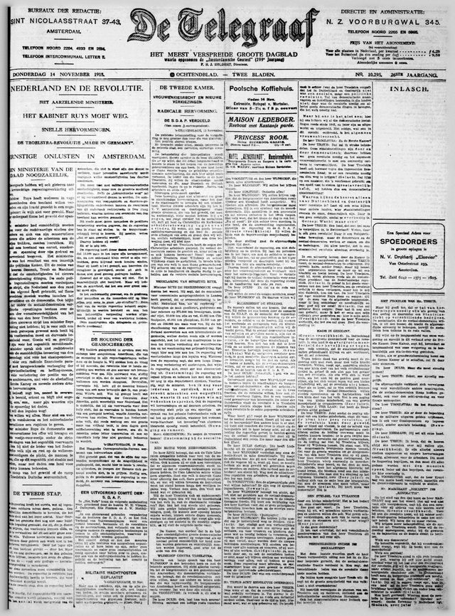 De Telegraaf, No. 10.295, morning edition, front page (Amsterdam, 14 November 1918): "De Troelstra-revolutie 'Made in Germany'"