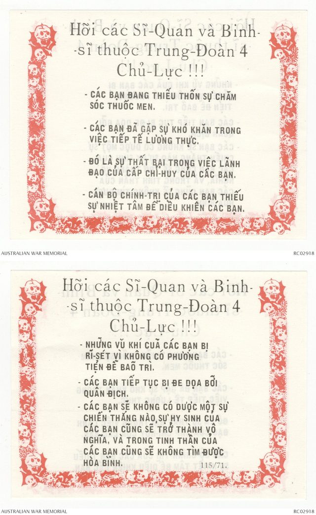 Hỡi các Sĩ-Quan và Binh-sĩ thuộc Trung-Đoàn 4 Chủ-Lực (To the Officers and Soldiers of the 274th Main Force Regiment), leaflet ATF-115-71