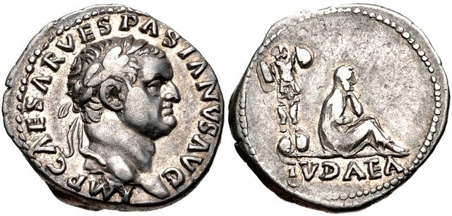 Silver denarius of Vespasian, reverse IVDAEA with a trophy of arms and a seated mourning woman