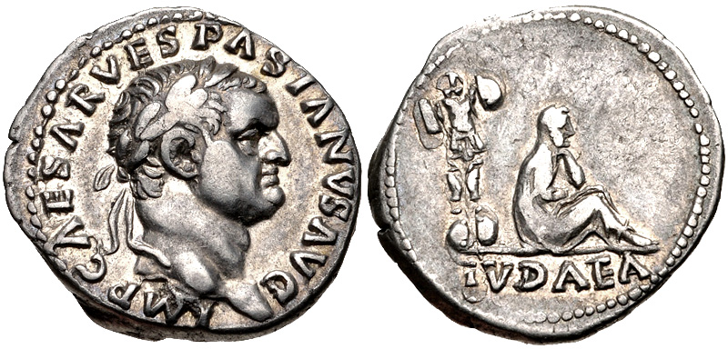 Silver denarius of Vespasian, reverse IVDAEA with a trophy of arms and a seated mourning woman