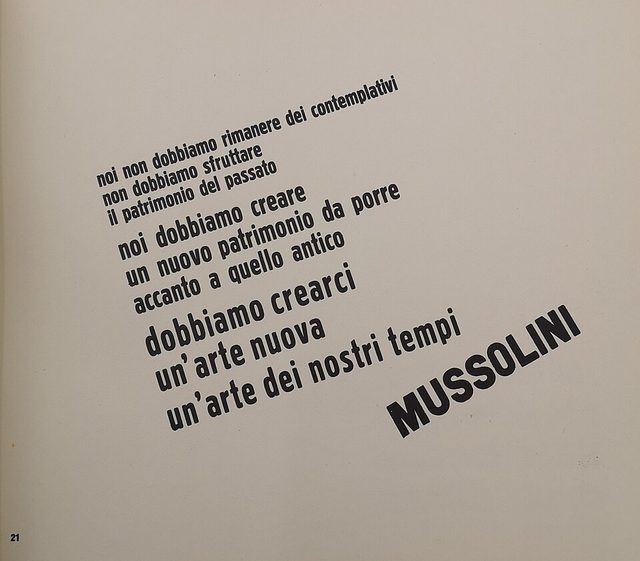 Depero, 'Libro imbullonato' (1927), page 21: Mussolini quotation set as a typographic page