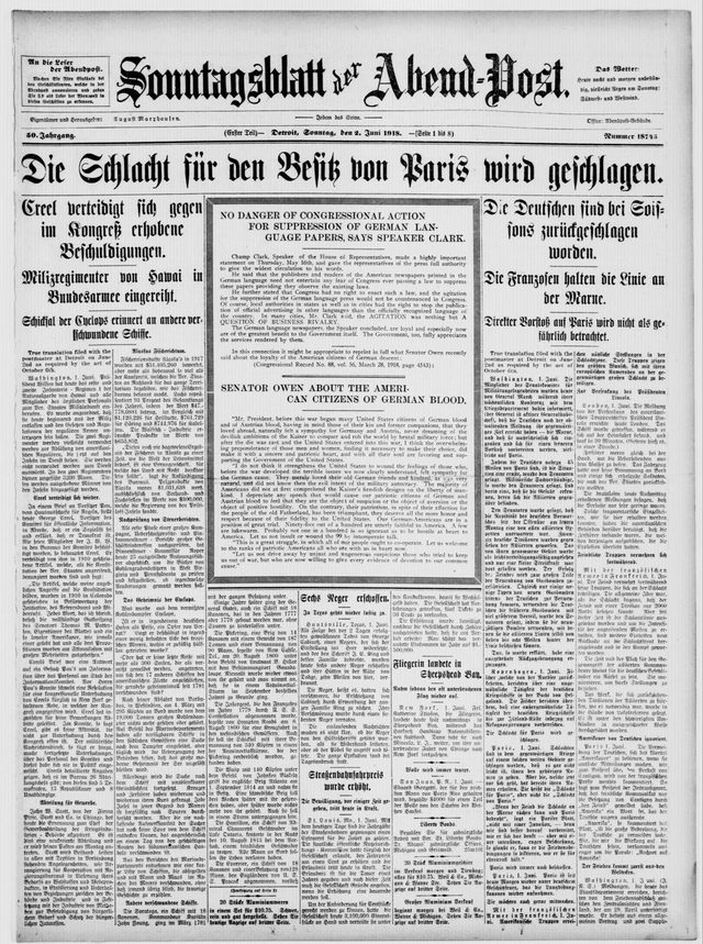 Sonntagsblatt der Abend-Post (Detroit), front page, 2 June 1918