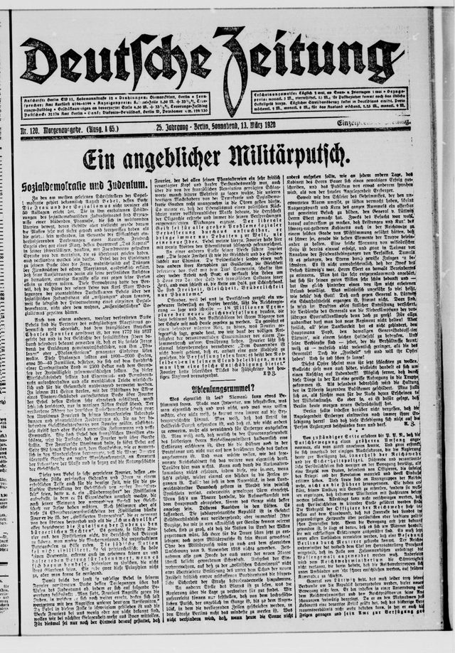 Deutsche Zeitung, "Ein angeblicher Militärputsch" (An alleged military putsch), morning edition, 13 March 1920