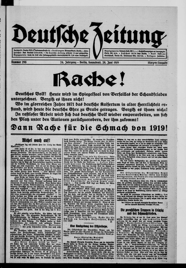 Deutsche Zeitung, Nr. 293, morning edition, front page (Berlin, 28 June 1919): "Rache!" (Revenge!)