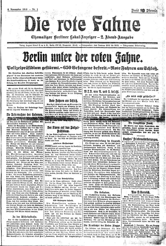 Die rote Fahne, Nr. 1, 2. Abend-Ausgabe, front page (Berlin, 9 November 1918): "Berlin unter der roten Fahne"