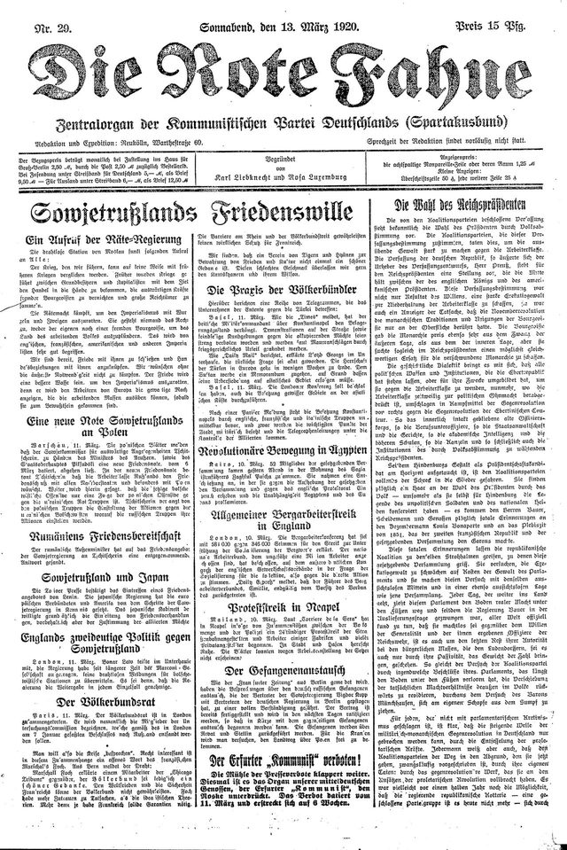 Die Rote Fahne, Nr. 29, front page (Berlin-Neukölln, 13 March 1920): "Sowjetrußlands Friedenswille"