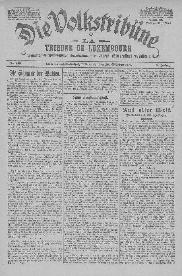 Die Volkstribüne, Nr. 133, front page (Luxembourg, 29 October 1919): "Die Signatur der Wahlen"